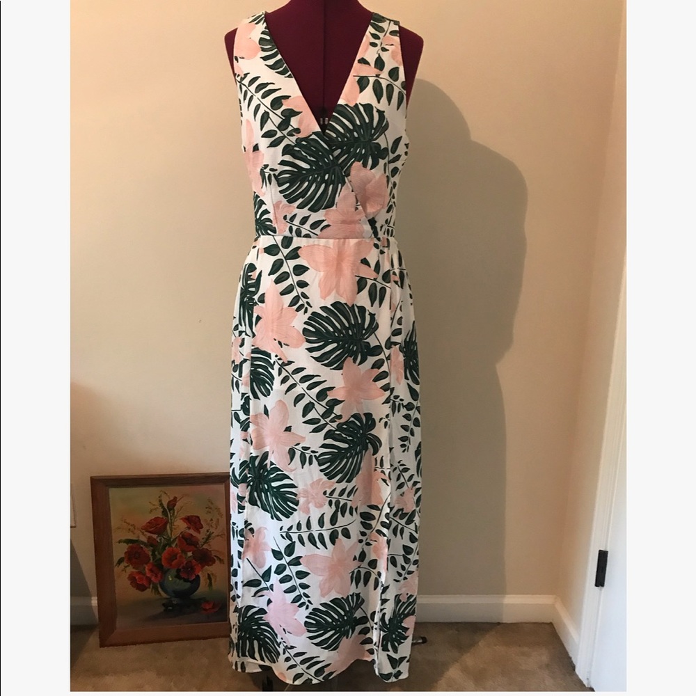Tropical faux wrap cotton dress with open back